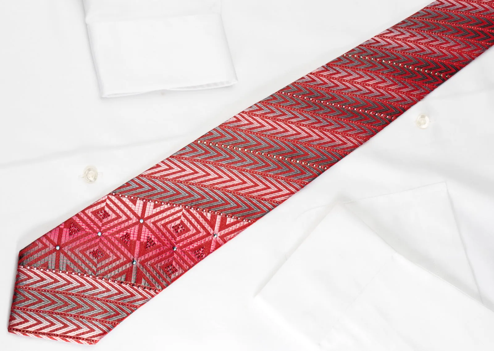 Pierre Cardin Rhinestone Necktie Silver Chevron On Red With Silver Sparkles