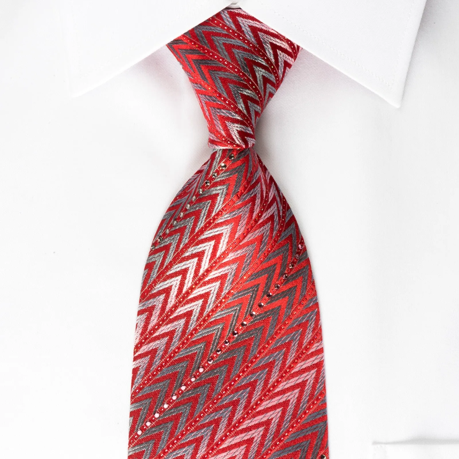 Pierre Cardin Rhinestone Necktie Silver Chevron On Red With Silver Sparkles