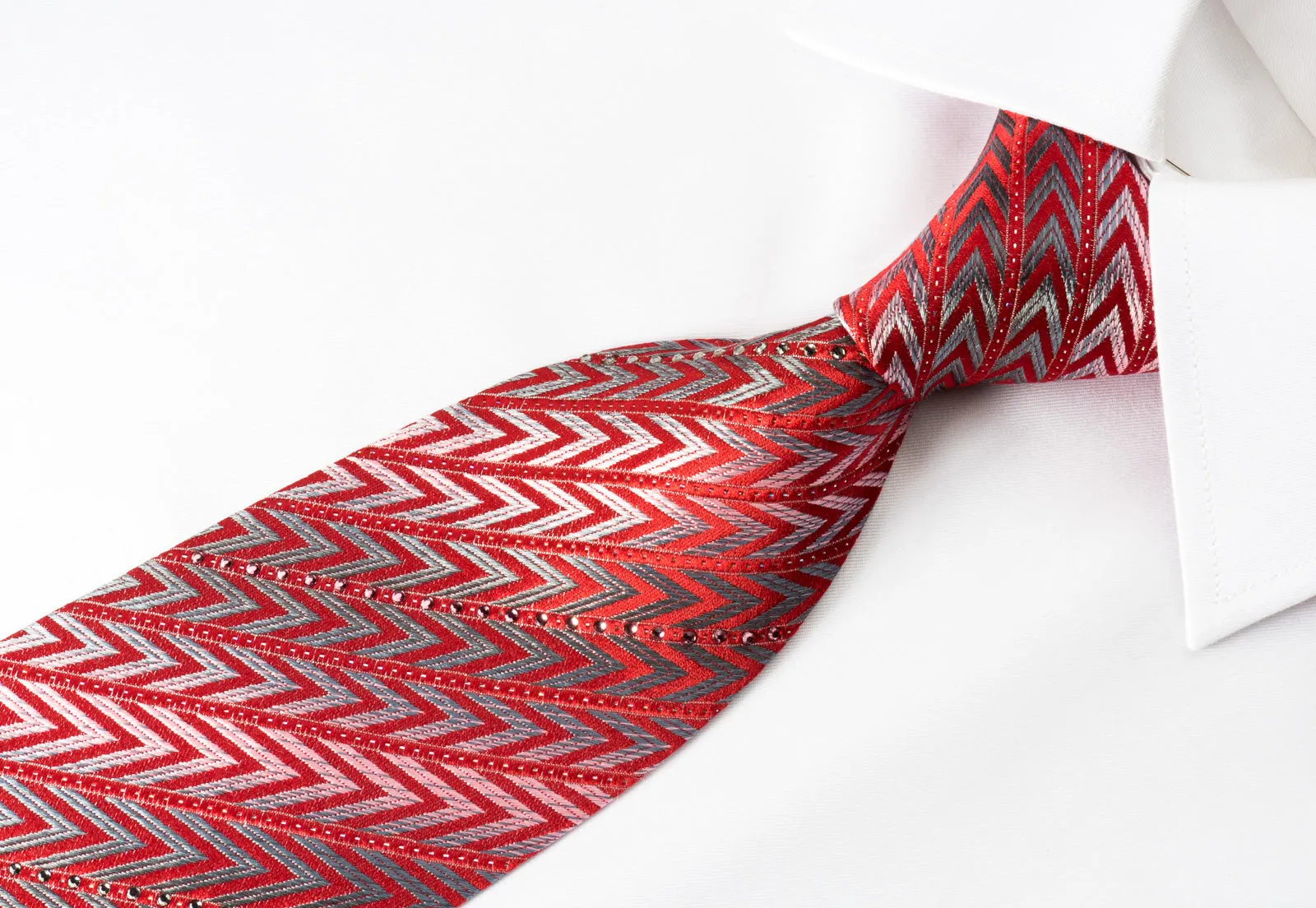 Pierre Cardin Rhinestone Necktie Silver Chevron On Red With Silver Sparkles