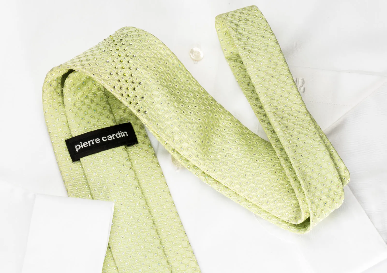 Pierre Cardin Rhinestone Silk Necktie Geometric On Green With Silver Sparkles