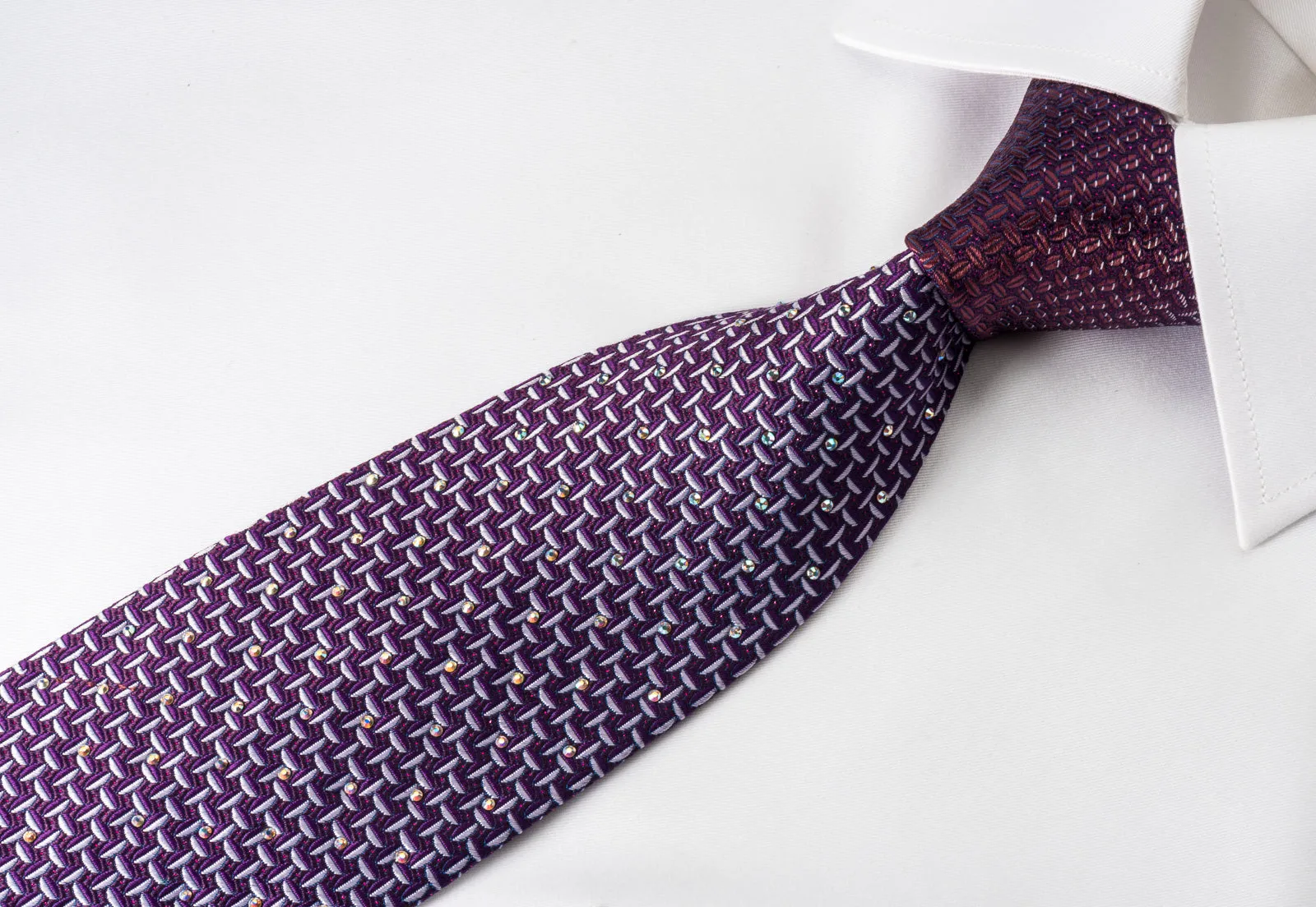 Pierre Cardin Rhinestone Silk Tie Silver Weave On Purple With Red Sparkles