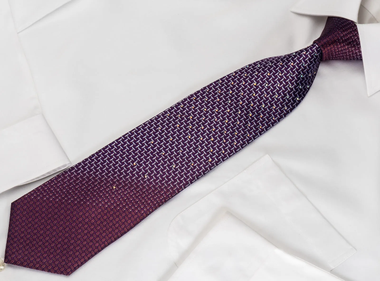 Pierre Cardin Rhinestone Silk Tie Silver Weave On Purple With Red Sparkles