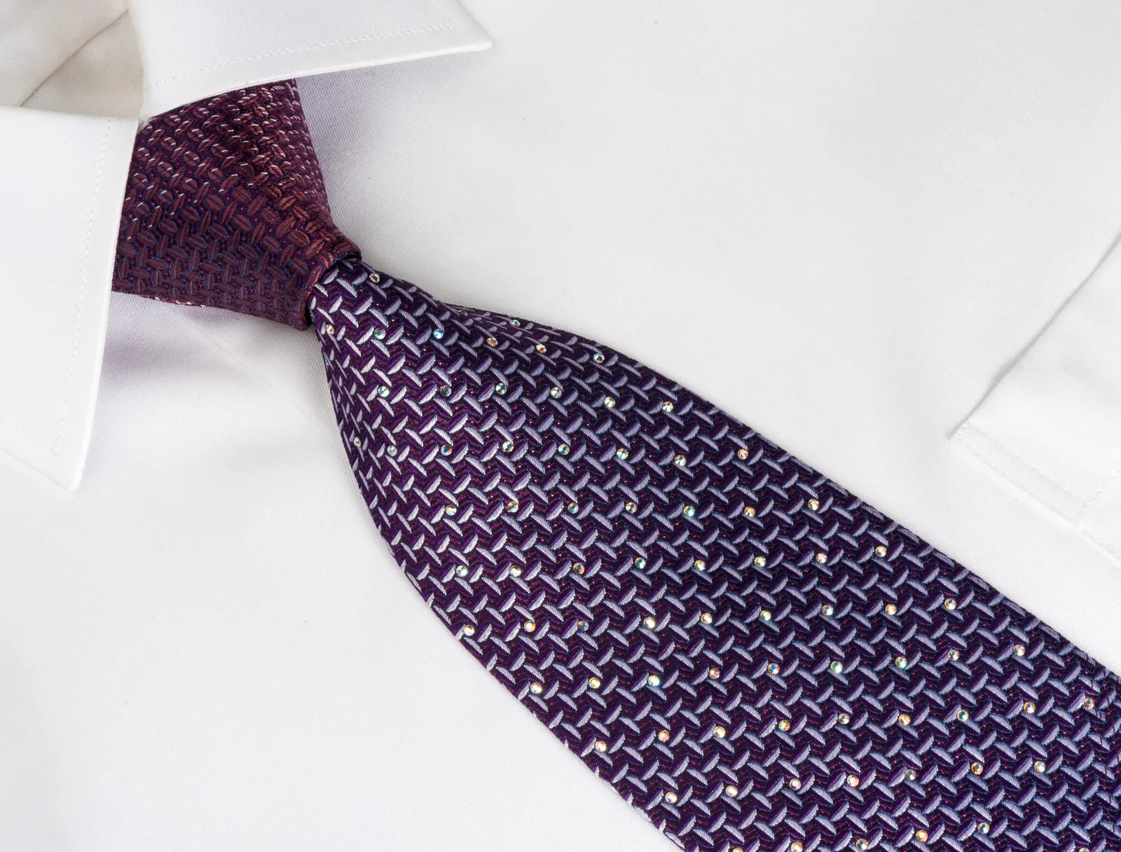 Pierre Cardin Rhinestone Silk Tie Silver Weave On Purple With Red Sparkles