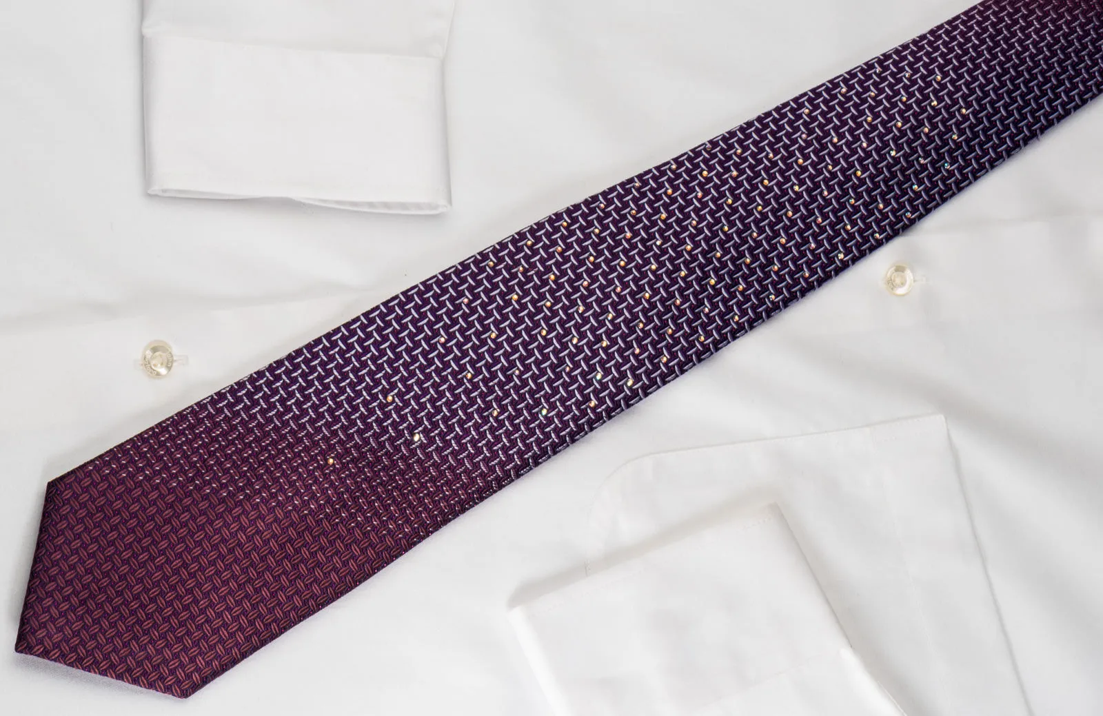 Pierre Cardin Rhinestone Silk Tie Silver Weave On Purple With Red Sparkles