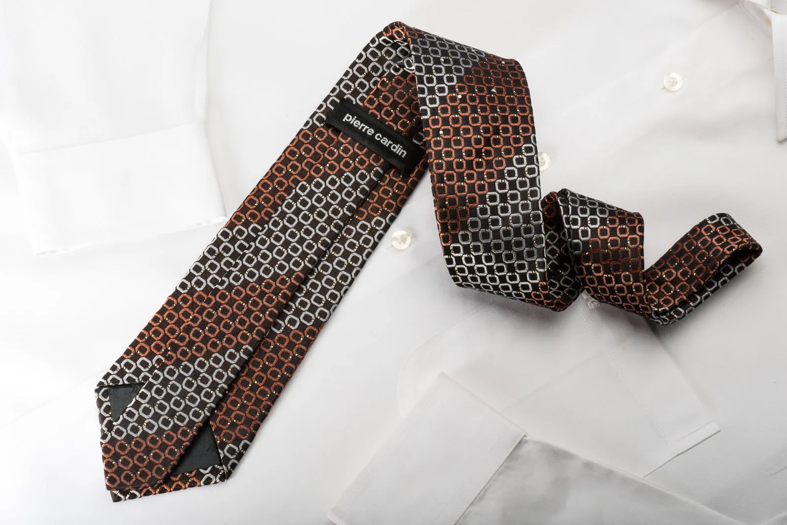 Pierre Cardin Silk Rhinestone Necktie Orange Silver Ovals On Black With Sparkles