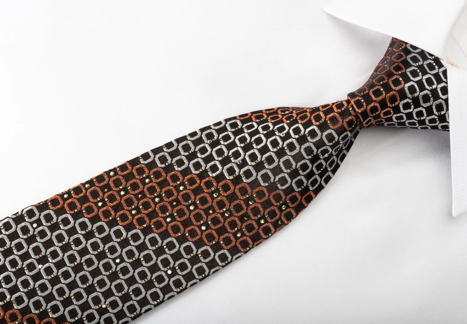 Pierre Cardin Silk Rhinestone Necktie Orange Silver Ovals On Black With Sparkles