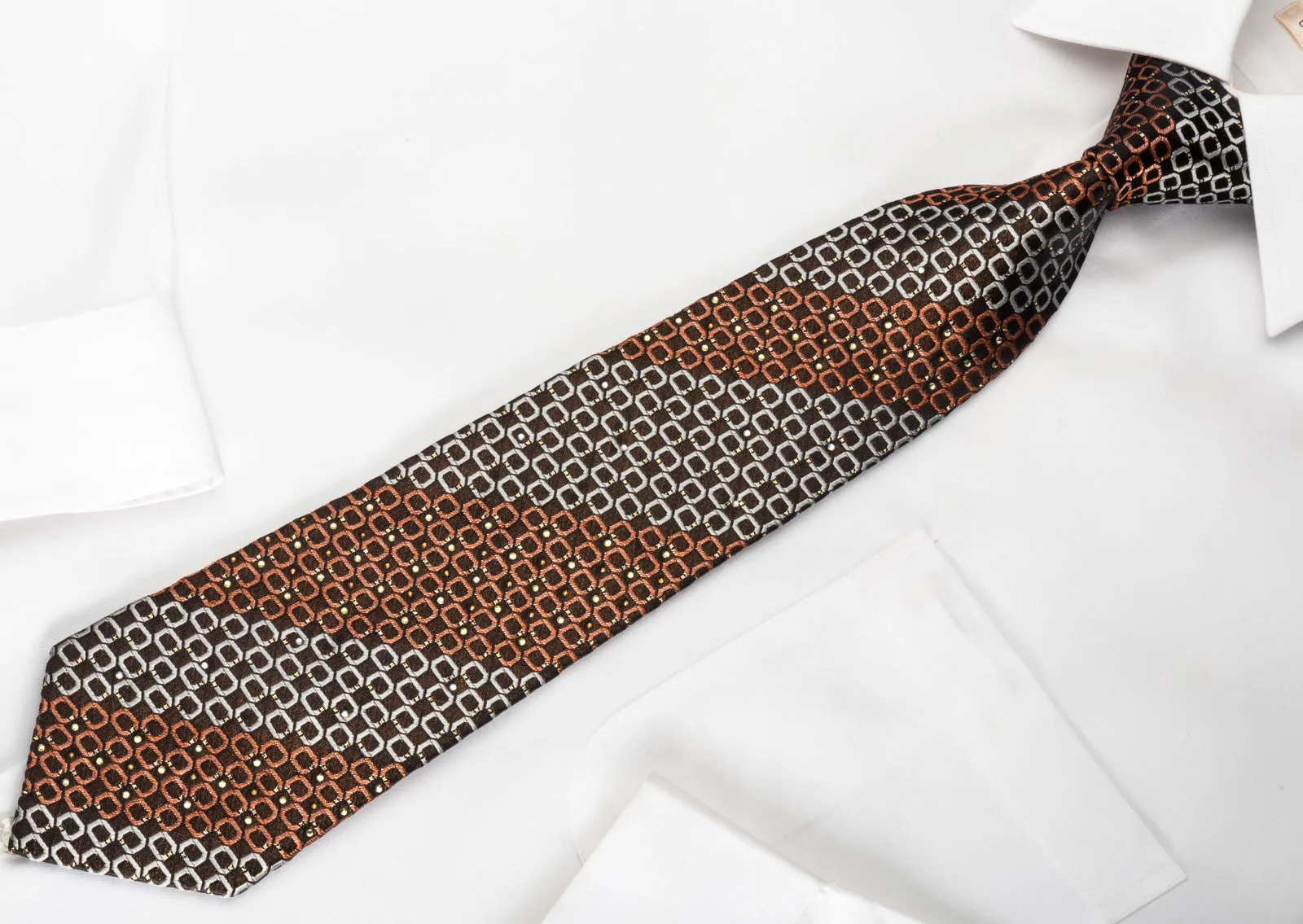 Pierre Cardin Silk Rhinestone Necktie Orange Silver Ovals On Black With Sparkles