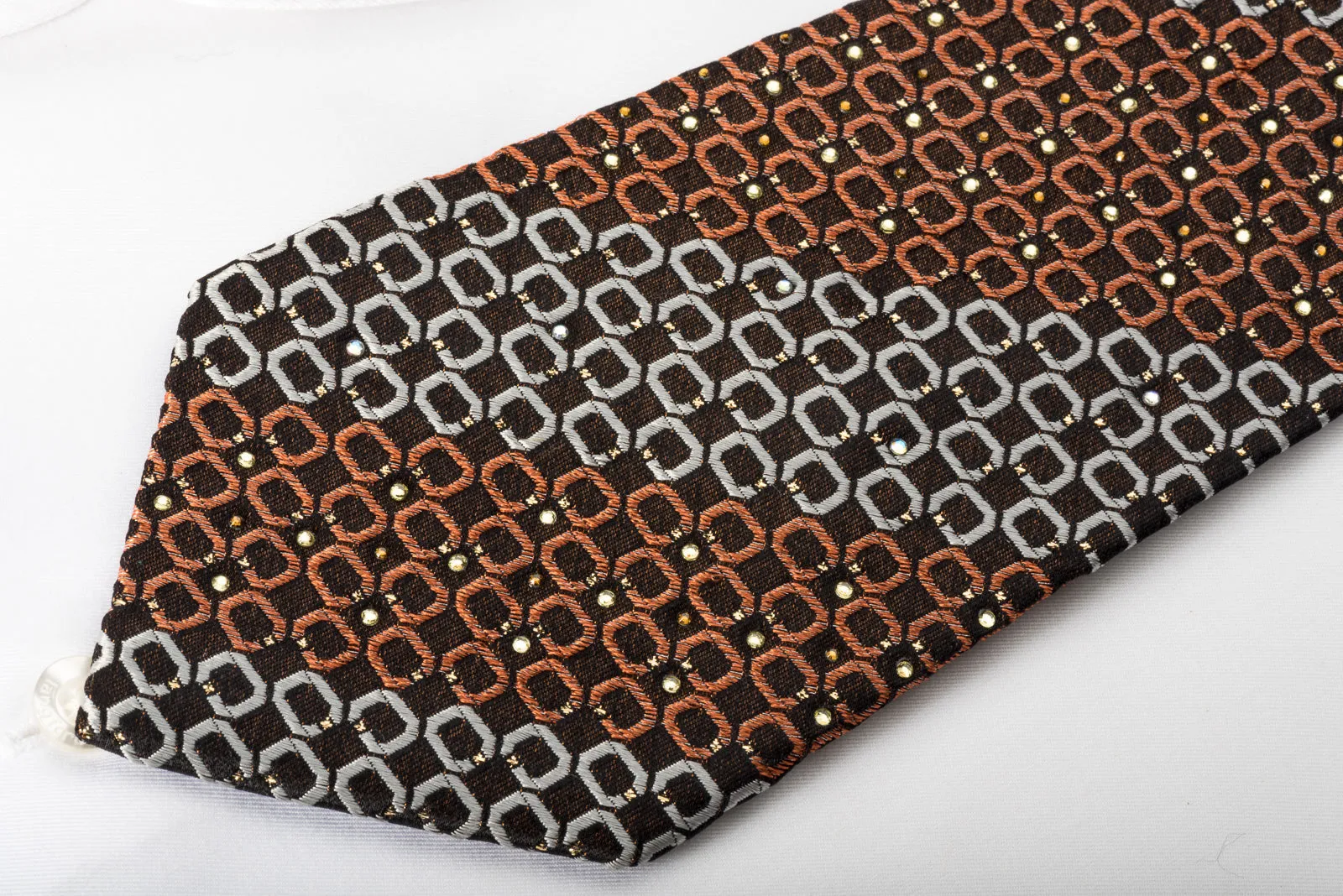 Pierre Cardin Silk Rhinestone Necktie Orange Silver Ovals On Black With Sparkles