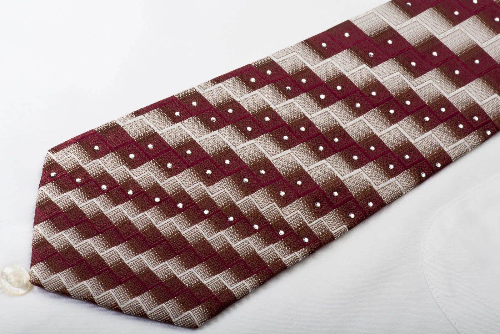 Pierre Cardin Silk Tie Burgundy Silver Chevron Checkered With Rhinestones