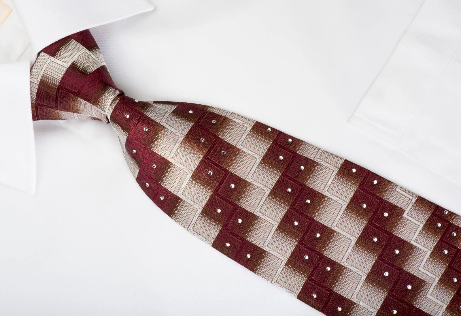 Pierre Cardin Silk Tie Burgundy Silver Chevron Checkered With Rhinestones