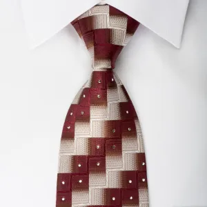 Pierre Cardin Silk Tie Burgundy Silver Chevron Checkered With Rhinestones