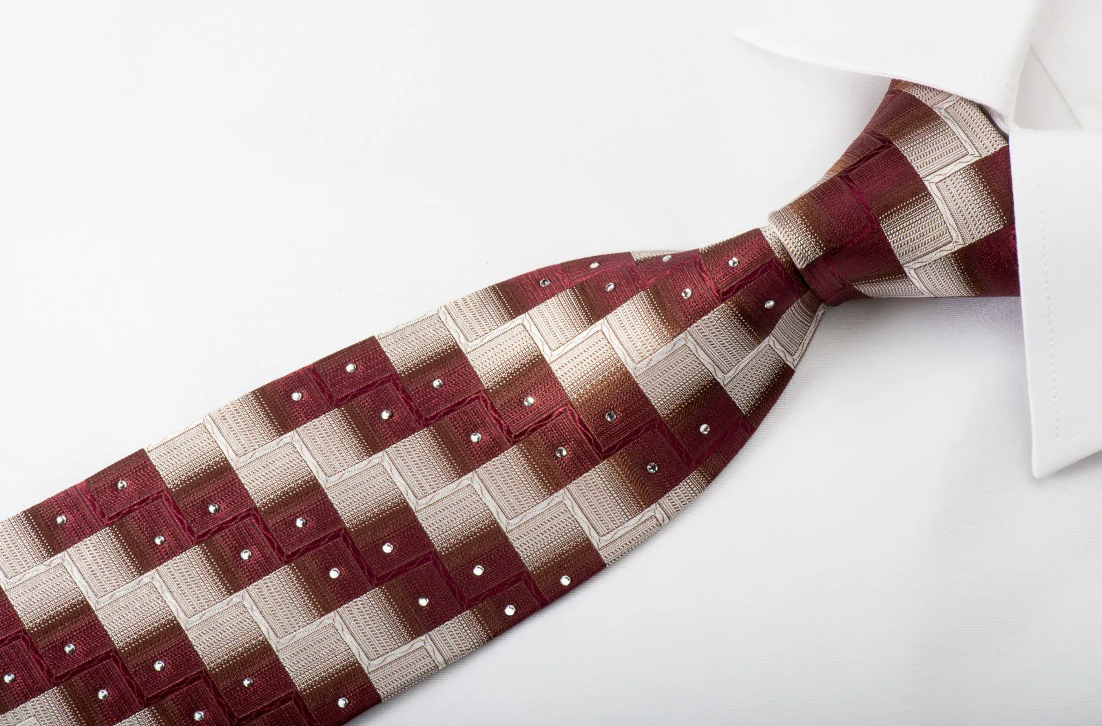 Pierre Cardin Silk Tie Burgundy Silver Chevron Checkered With Rhinestones