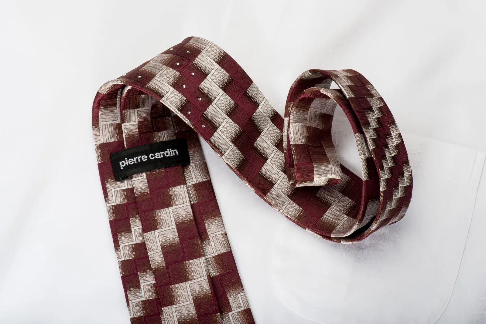 Pierre Cardin Silk Tie Burgundy Silver Chevron Checkered With Rhinestones