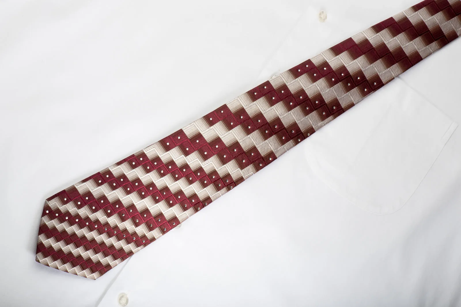 Pierre Cardin Silk Tie Burgundy Silver Chevron Checkered With Rhinestones