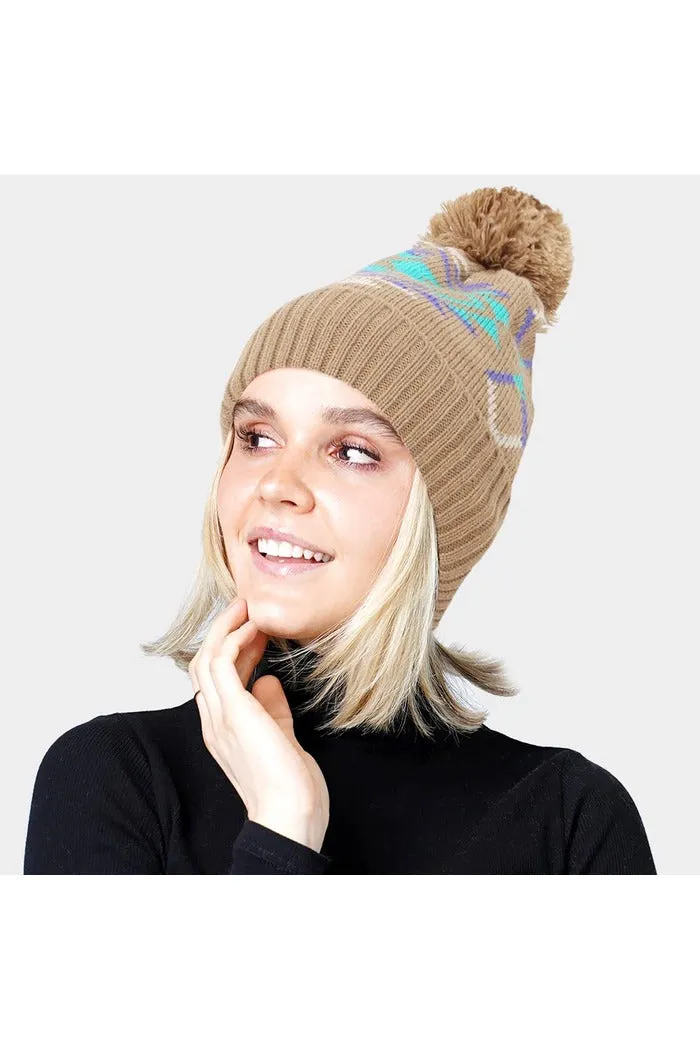 Pom Pom Western Knit Beanie Hat