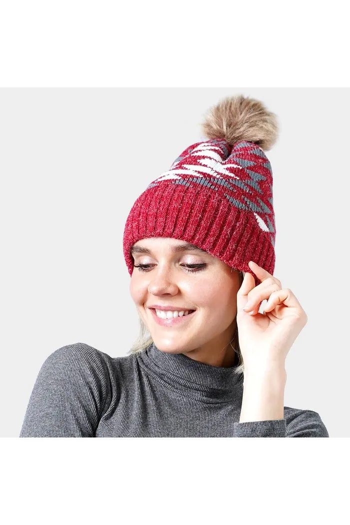 Pom Pom Western Knit Beanie Hat