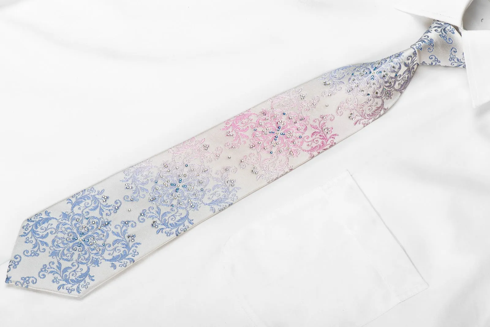 Premierlux Men's Crystal Rhinestone Tie Blue Pink Damask On White