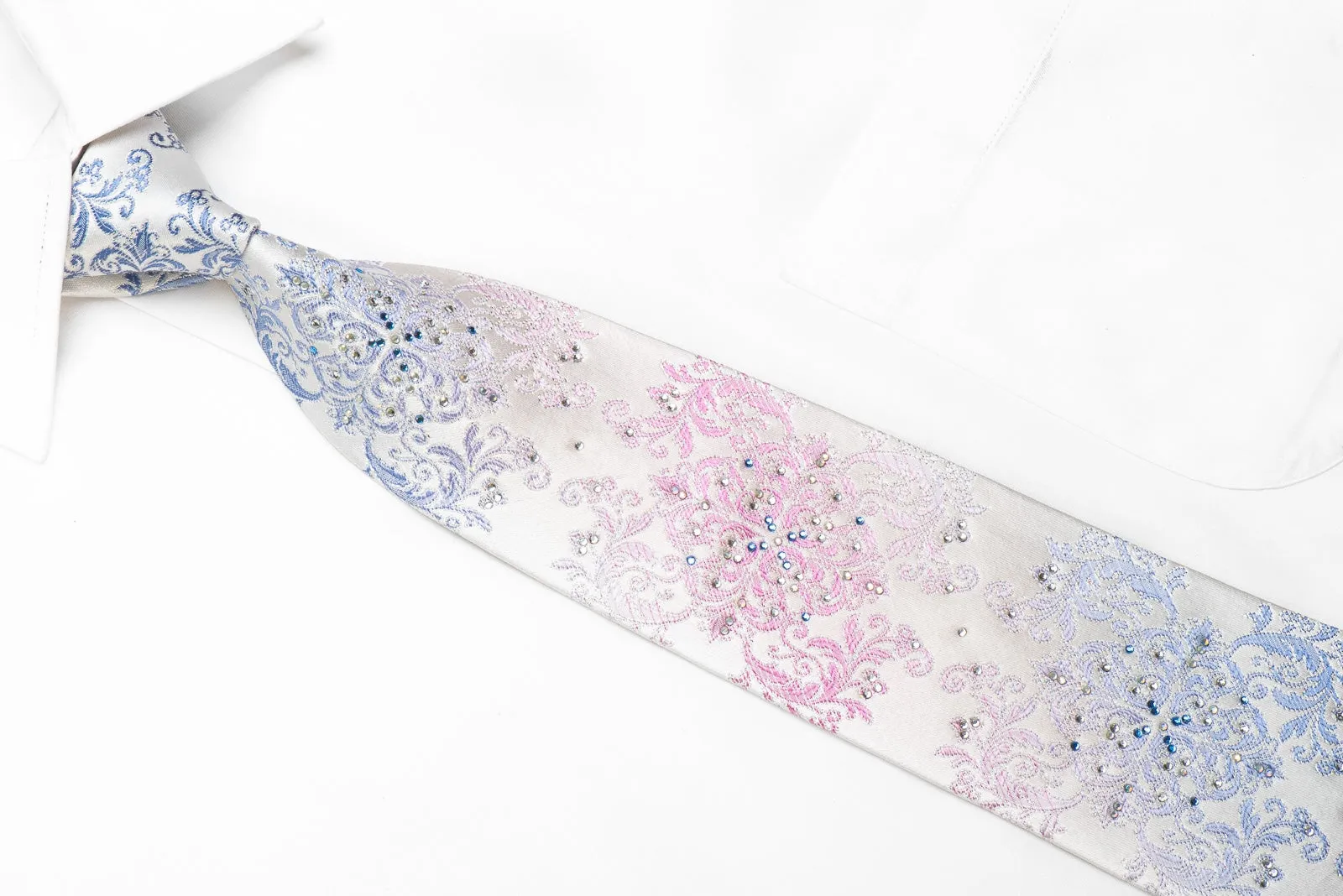 Premierlux Men's Crystal Rhinestone Tie Blue Pink Damask On White