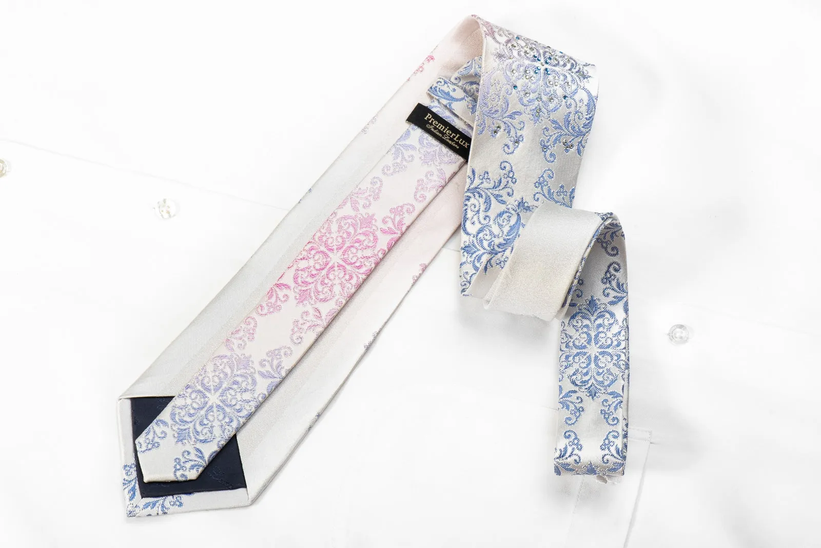 Premierlux Men's Crystal Rhinestone Tie Blue Pink Damask On White