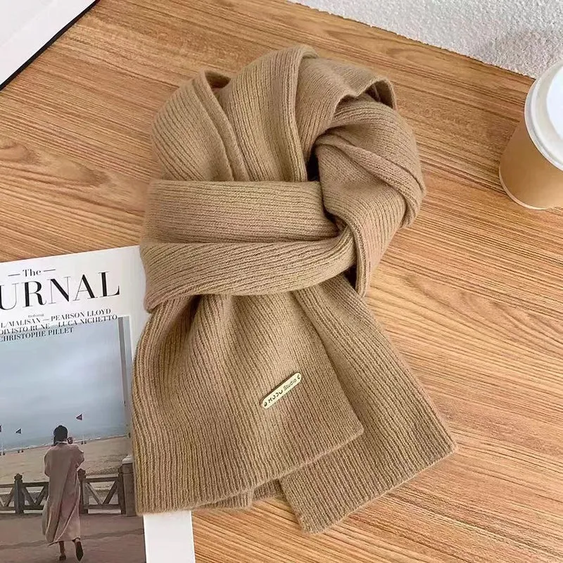 Scarf Women's Winter  New Wool Knitted Solid Color Small Scarf Trendy Korean Style Thickened Warm  Long Scarf