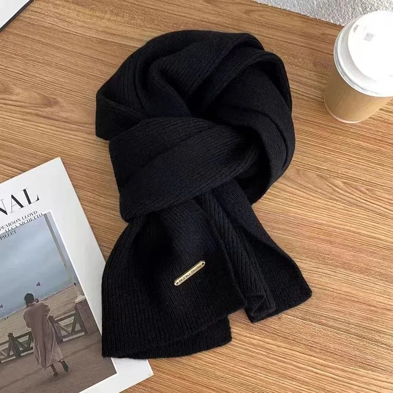 Scarf Women's Winter  New Wool Knitted Solid Color Small Scarf Trendy Korean Style Thickened Warm  Long Scarf