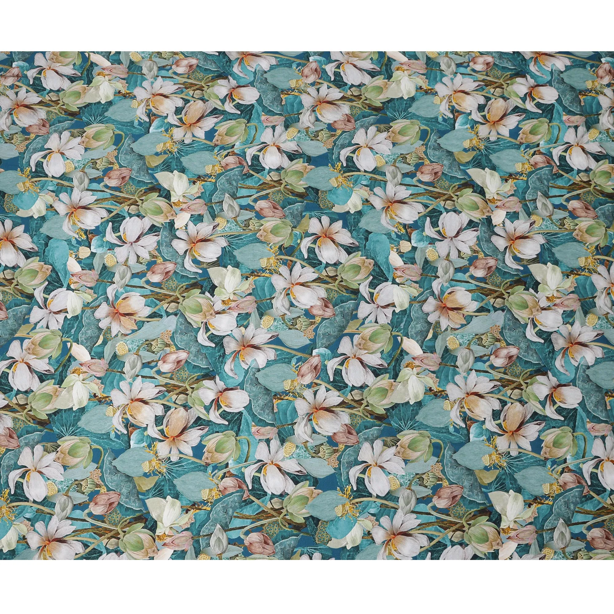 Teal Synthetic Modal Satin Fabric with Large White Floral Print, 110 cm Width-D20956