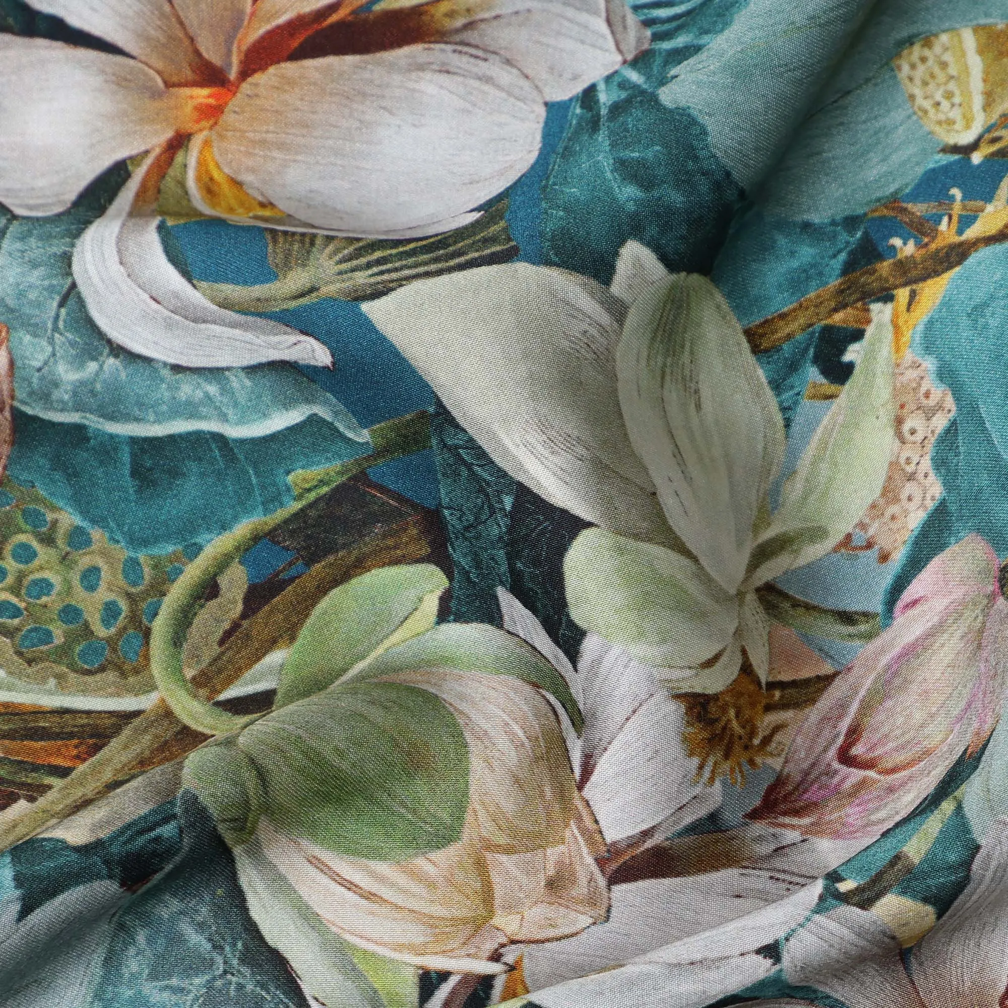 Teal Synthetic Modal Satin Fabric with Large White Floral Print, 110 cm Width-D20956