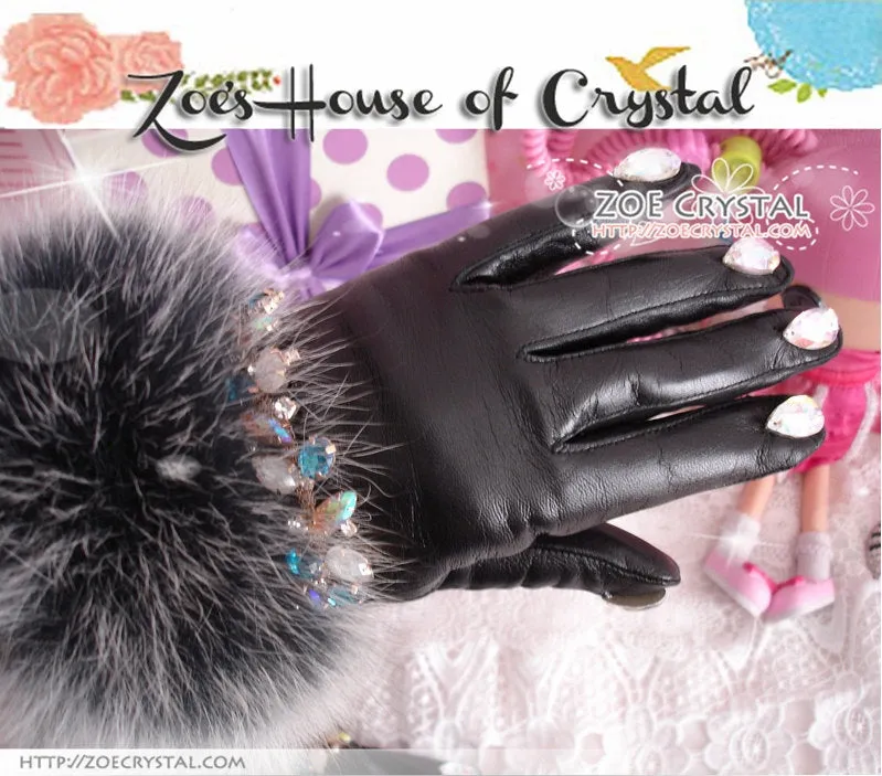 WINTER Sales- Black Leather Fur GLOVES with Elegant Rhinestones and Crystals