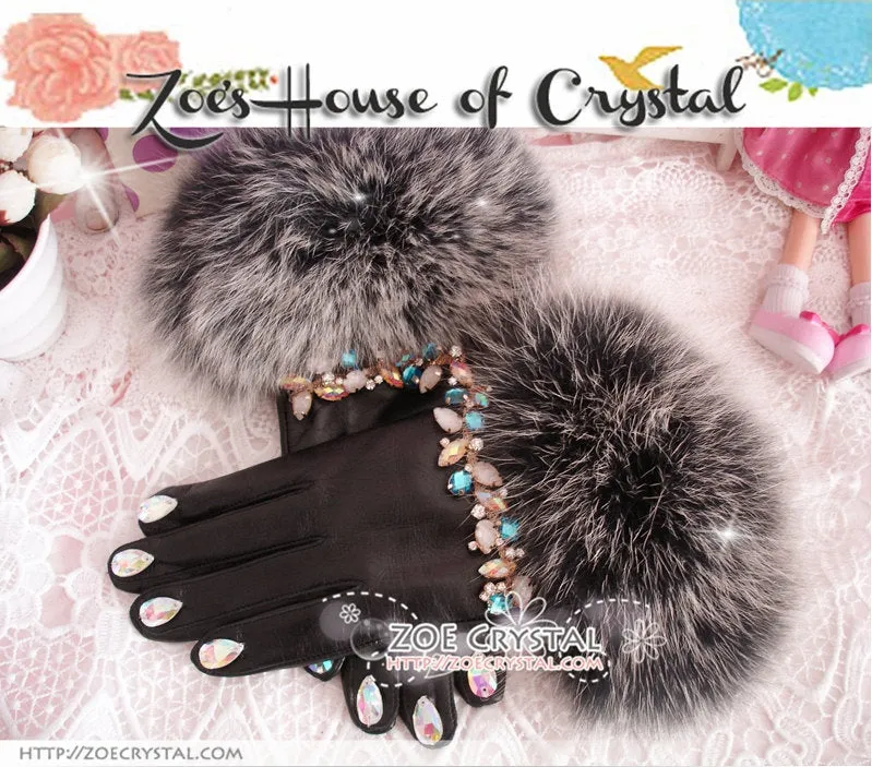 WINTER Sales- Black Leather Fur GLOVES with Elegant Rhinestones and Crystals