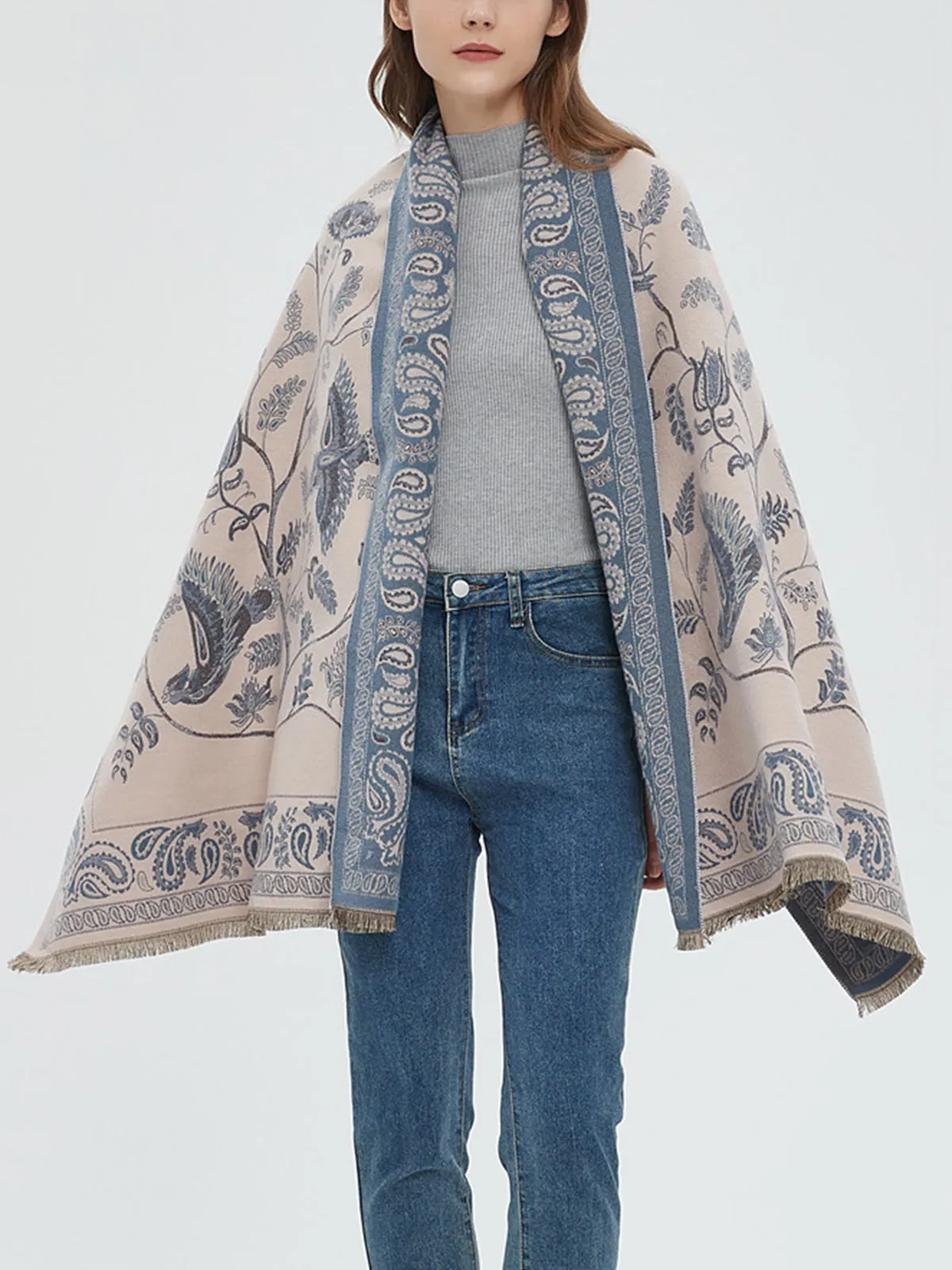 Winter Warm Toile Trendy De Jouy Tassel Scarf