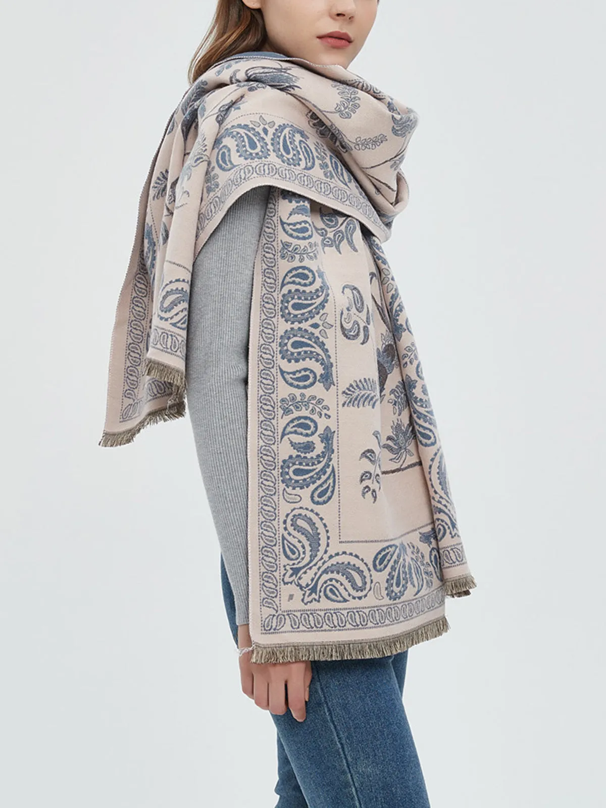 Winter Warm Toile Trendy De Jouy Tassel Scarf