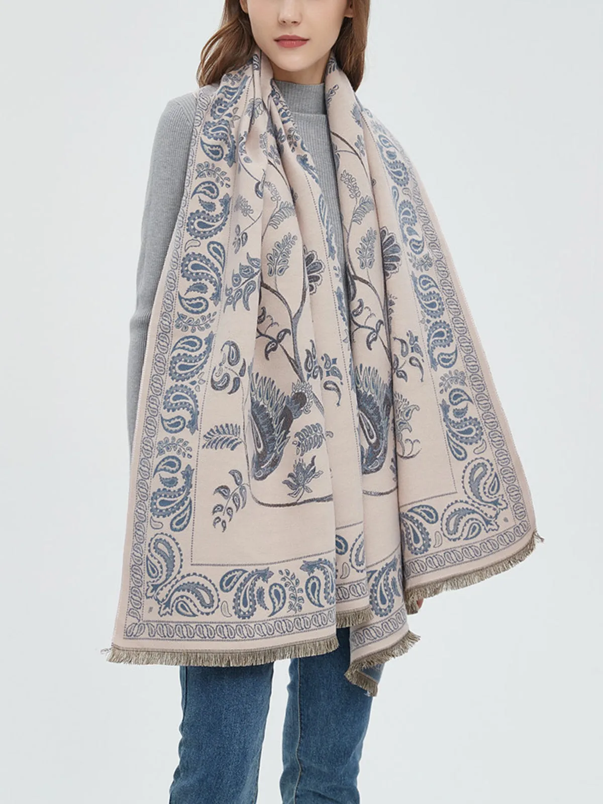 Winter Warm Toile Trendy De Jouy Tassel Scarf