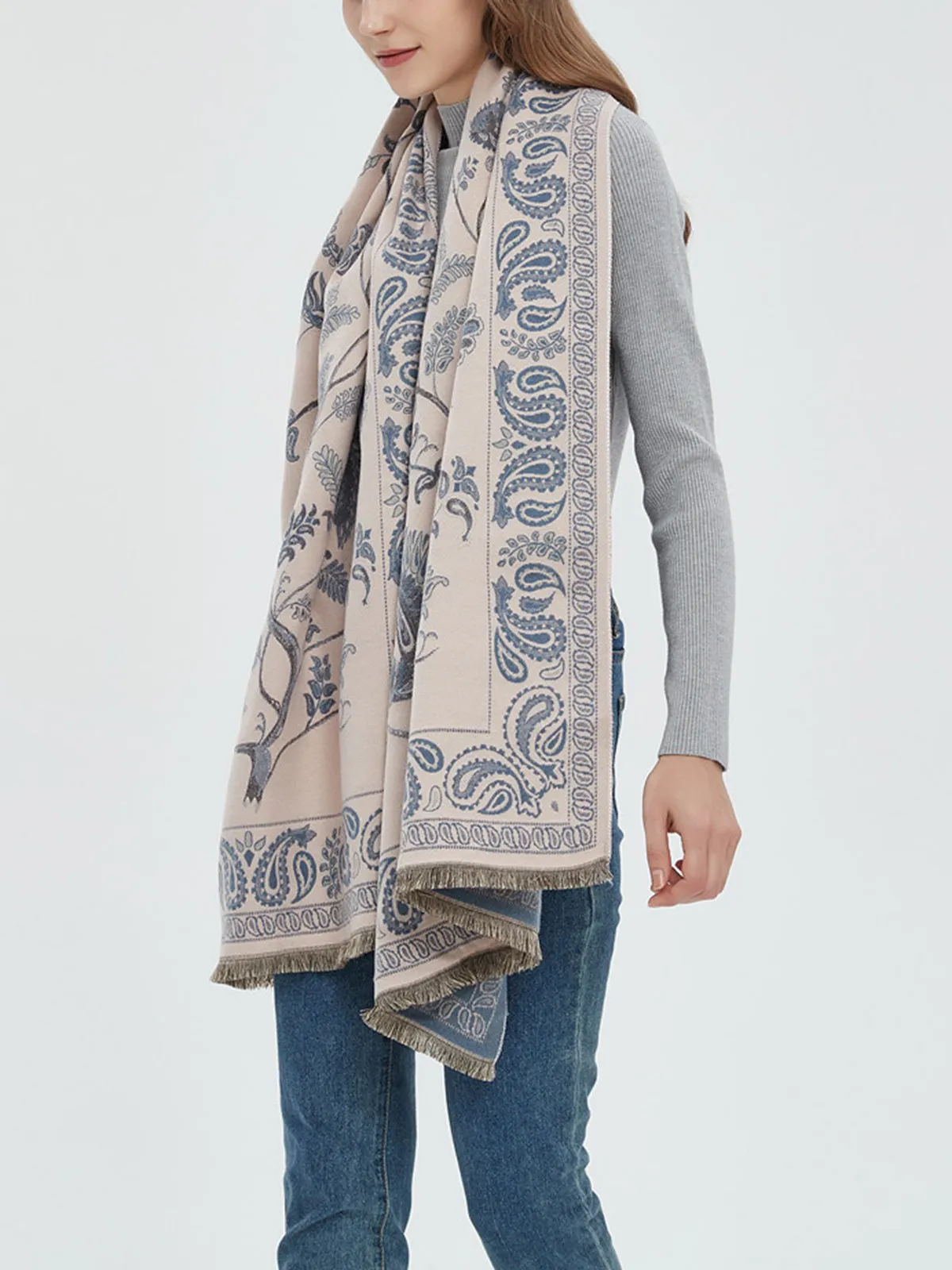 Winter Warm Toile Trendy De Jouy Tassel Scarf